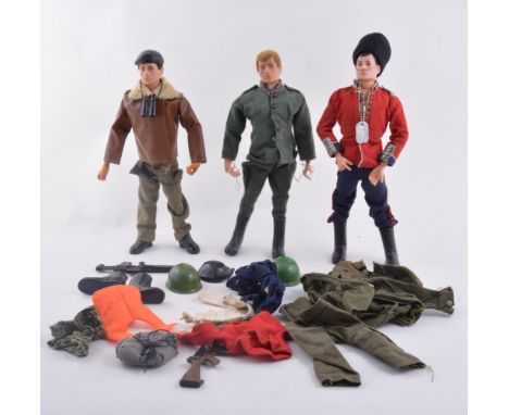 Action Man figures by Palitoy, with outfits, one a/f, including Grenadier Guard outfit and other accessories.