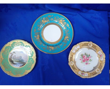 THREE GILDED AND PAINTED CABINET PLATES Spode with Barnard Castle, Minton with raised gold, and a pierced European example