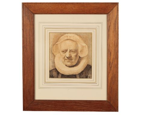 AFTER REMBRANDT VAN RIJN (1606-1669) A portrait of Aechje Claesdr monogrammed lower right, pen and ink, 18cm x 17cm 