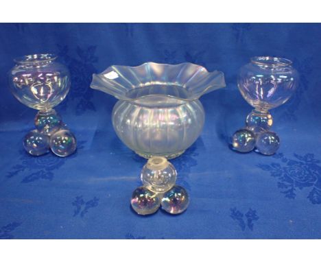 A PAIR OF VICTORIAN GLASS VASES WITH STACKED BALL FEET a similar inkwell (lacking top) and an Art Nouveau style iridescent bo