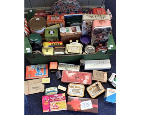 A COLLECTION OF VINTAGE TINS AND PACKAGING some Co-operative Dividend stamps, etc.