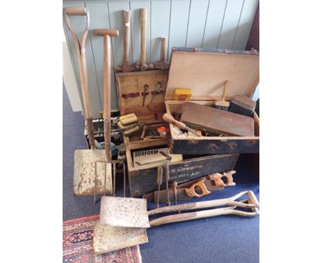 VINTAGE ASH-HANDLED GARDENING TOOLS, AN OLD TOOL CHEST and another smaller, containing some tools, including a cased HILKA so