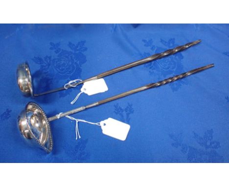 A SILVER PUNCH LADLE, WITH HORN HANDLE and a similar unmarked example