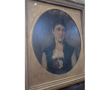 A PORTRAIT OF A LADY oil on canvas, probably late Victorian (flaking, a hole and canvas in poor condition) framed size 80 x 9
