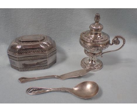 A WHITE METAL TRINKET BOX WITH A WHITE METAL TAVERN LIGHTER with a white metal fish knife and spoon
