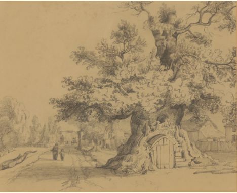 GEORGE HARLEY (1791-1871) Figures passing a large gnarled tree with a door inset in its trunk pencil, 26cm x 32cm 