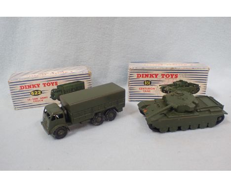 A DINKY TOYS 'CENTURION TANK' AND '10-TON ARMY TRUCK' damage to both boxes 