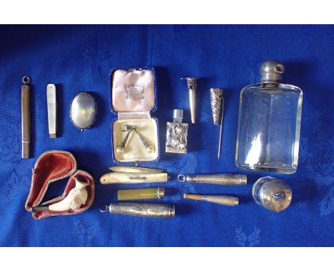 AN ENGINE-TURNED SILVER CHEROOT HOLDER AND CASE another, 9ct gold mounted, small silver and other items