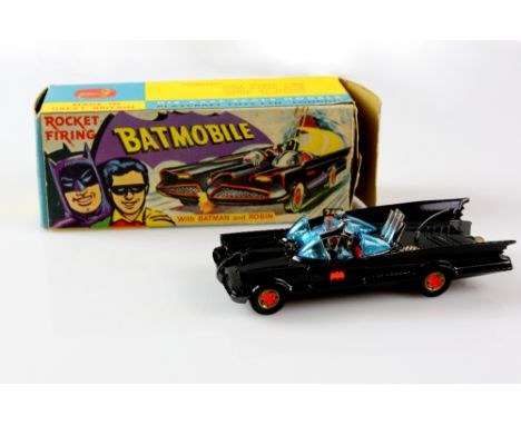 Corgi 267 'Batman' Batmobile in black, with blue tinted windscreen, grey plastic aerial and red bat hubs, 8 rockets, instruct