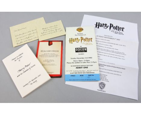 Harry Potter and The Chamber of Secrets (2002) Premiere invite, Leicester Square Premiere ticket, Premiere Dinner Menu for Th