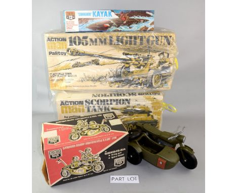 Collection of Action Man figures vehicles, Uniforms, and accessories to include 3 dog sled team, Commando Kayak, Royal Canadi