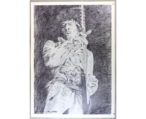 Jimi Hendrix - Later poster lithographic print from a pencil sketch by John Judkins, signed, 35 x 25.5 inches