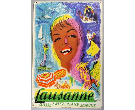 Two Vintage Travel posters, Lausanne Switzerland by Brookshaw, & La Suisse Paradis de Vacances, both rolled, 25 x 39 inches (