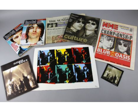 Oasis - ‘Familiar To Millions’ Liam & Noel screen print No. 153/300, NME Blur vs Oasis 12th Aug 95 front cover and full mag, 