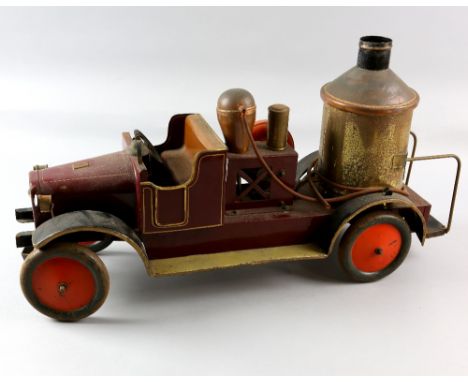 Bing Werke tinplate Fire Pump with electric light, circa 1920, finished in red with open front bench seat, steering wheel and