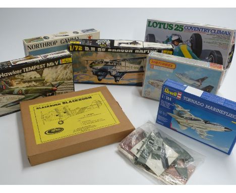 Eight Tamiya, Heller, Williams Bros, Revell and other 1:72 and 1:20 scale model kits including Lotus 25 20044-2400, DH 89 Dra