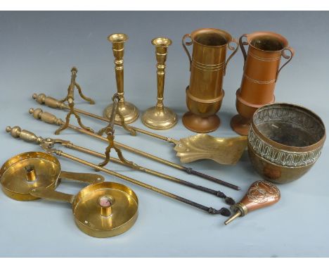 Brass companion set with fire dogs, trench art vases, jardinere, candlesticks, powder flask etc&nbsp;