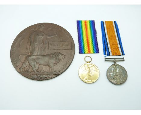 British Army WWI medal pair comprising War Medal and Victory Medal named to Lieut.H. Hawes East Surrey Regiment, death plaque