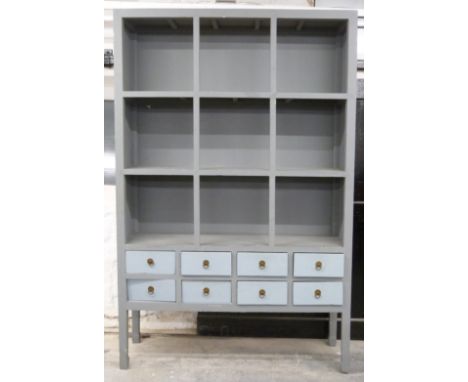 Grey painted shelf / drawer unit comprising three shelves and eight drawers, W150 x D46 x H230cm