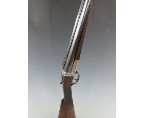 Webley 12 bore side by side shotgun with engraved lock, underside, trigger guard, top plate and thumb lever, chequered grip a