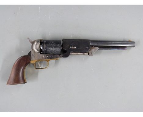Armi San Marco Colt style .44 revolver with cylinder marked 'Model U.S.M.R. Patent No. 1987' and engraved with scenes of offi