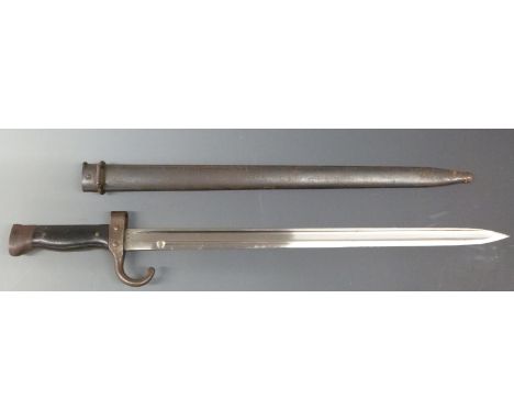 French 1892 first pattern bayonet with black composition grips, stamped 97152 to Ricasso and scabbard, blade length 40cm