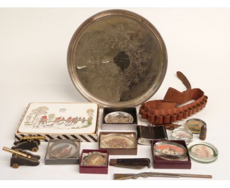 A collection of shoting and sporting related items including a silver plated tray awarded in the Eley Target Gun Walther Supe