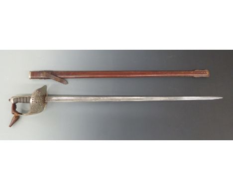 British Army 1897 pattern officers sword with pierced guard and Royal cypher, fishskin and wire grip, Henry Wilkinson maker s