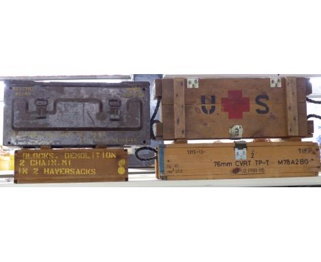 Three US military wooden crates, one marked USAAF together with a military ammunition box dated 1964