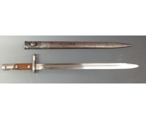 Spanish Artilleria M1893 Mauser bayonet with chequered wood grip marked PR85296 to Ricasso with metal scabbard blade length 4