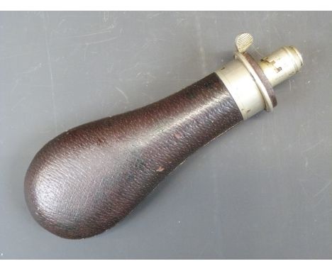 Sykes leather covered metal powder flask stamped to the top ‘Improved Best Quality Sykes Patent’, 19.5cm long