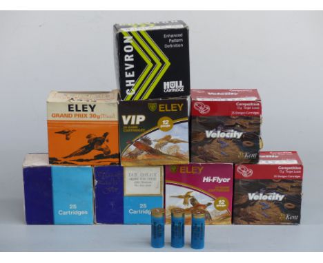Two hundred Eley Kent Velocity and similar 12 gauge shotgun cartridges, some in original boxes.  PLEASE NOTE THAT A VALID REL