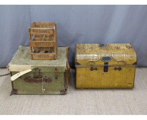 Vintage tin trunk with New Zealand shipping labels together with a further vintage trunk and a beer crate