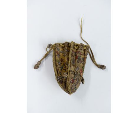 c1600 French purse of woven gold fabric with tapestry decoration in coloured silk depicting branches of flowers and fruit and