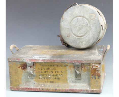1942 metal ammunition box and a vintage Meler galvanised fuel can
