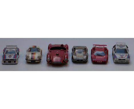 Six Burago, Polistil and Majorette large scale diecast model sports cars including Porche, Ferrari and Lamborghini