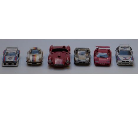 Six Burago, Polistil and Majorette large scale diecast model sports cars including Porche, Ferrari and Lamborghini