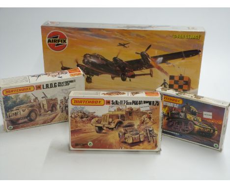 Four Airfix and Matchbox model kits comprising 1:72 scale Avro Lancaster B MKI/III 08007 and three military vehicles, all in 