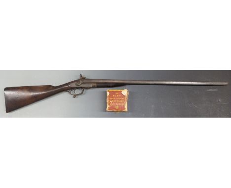 William Greaves 12 bore side by side pin-fire hammer action shotgun with engraved scenes of dogs and birds and scrolling deco