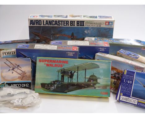 Ten Tamiya, Edward, Hasegawa and other&nbsp;1:48 scale  model aircraft kits including Lancaster MA120, Hobbycraft Hawker Sea 