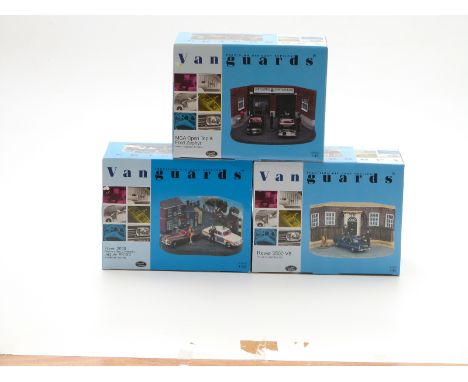 Three Vanguards 1:43 scale limited edition diecast model police car diorama sets Rover 2000 and Jaguar XK120 Renfrew and Bute