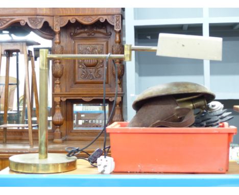 Brass desk lamp and a quantity of metalware including door knocker, hinges etc
