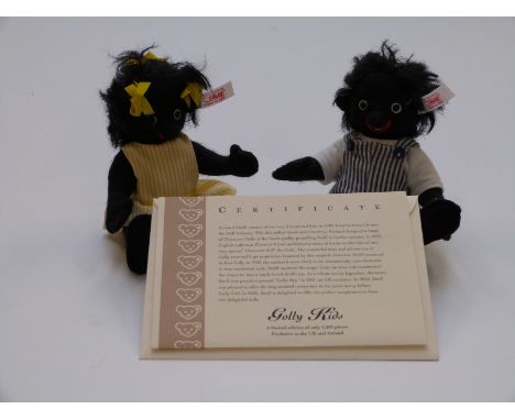 Two Steiff Teddy bears Golly Kids with black felt bodies, striped clothes and jointed limbs, limited edition 467/1500, each 1