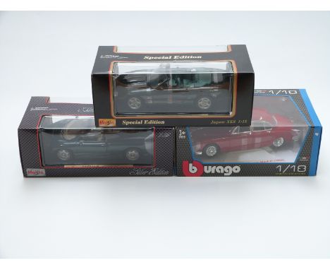 Three Burago and Maisto 1:18 scale diecast model cars silver edition Jaguar XJ220 32807, special edition Jaguar XK8 31836 and