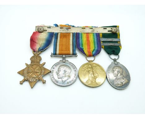 British Army WWI medals comprising 1914/1915 Star, War Medal, Victory Medal and Territorial Force Efficiency Medal with two b