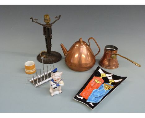 Retro lamp, Christian Wagner copper teapot, toast rack, ceramic items etc