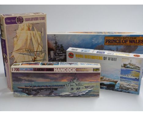 Four Airfix, Tamiya and Hasegawa model ship kits comprising 1:350 scale Prince of Wales 7311, 1:700 scale Hancock WL - A133:9