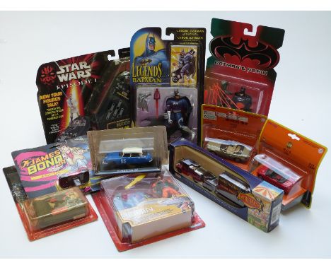 Ten Star Wars, Batman &amp; Robin, James Bond Jr and similar action figures and model vehicles, all in original boxes