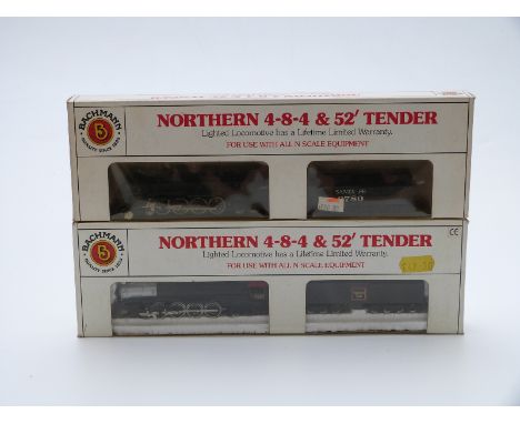 Two Bachmann N gauge American 4-8-4 Northern locomotives with 52 tenders Santa Fe 3780 51-580-OZ and Burlington Route 58066, 