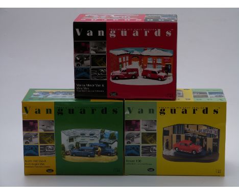 Three Vanguards 1:43 scale limited edition diecast model car diorama sets Morris Minor Van and Mini Van Royal Mail GD1002, Au